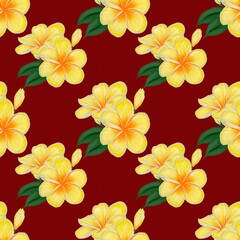 Seamless floral pattern featuring vibrant yellow flowers with green leaves on a deep red background. The design repeats uniformly for textile or wallpaper use.