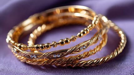 Fototapeta premium A stack of three ornate gold bangles, each with a different texture, is featured on a soft purple background, sparkling with light.