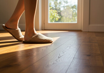 Feet in Slippers on Wooden Floor: A close-up of feet wearing soft gray slippers standing on a warm-toned wooden floor, evoking a cozy and relaxed home atmosphere.