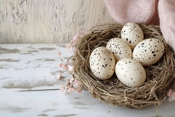 Obraz premium Close-up of a natural bird's nest holding five speckled eggs with a soft pink cloth and delicate pink flowers on a rustic white wooden surface