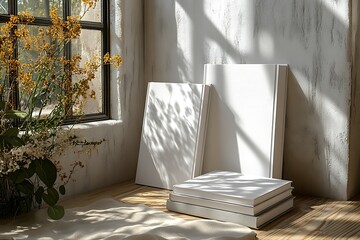 Blank white canvases and books near a window with sunshine and floral decorations