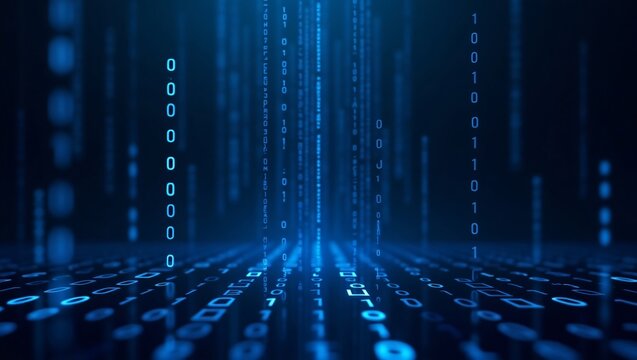 A digital futuristic scene featuring streams of blue binary code flowing vertically on a dark background, forming a tunnel-like perspective that evokes a deep, immersive virtual cyber environment.