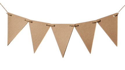 Neutral brown triangular paper bunting strung on twine against white or trasparent png, perfect for rustic event decor or backgrounds.