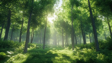 Obraz premium Lush forest pathway, sun rays, tranquil scene, nature, tranquil background. Possible use Stock photo, wallpaper, nature website