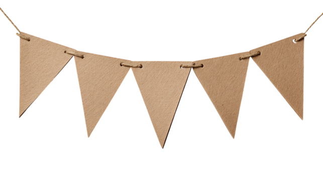 Neutral brown triangular paper bunting strung on twine against white or trasparent png, perfect for rustic event decor or backgrounds.