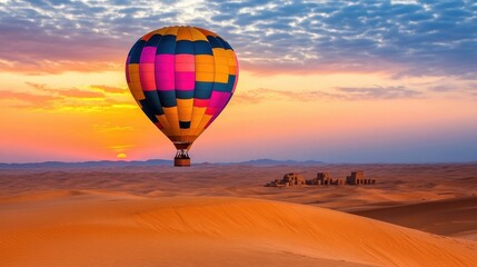 Obraz premium A vibrant hot air balloon floats over golden desert dunes at sunrise, with a distant oasis and dramatic sky in the background.