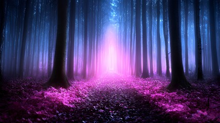 Mystical Forest Path Glowing in Pink Light