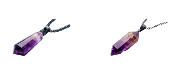 Two amethyst quartz point pendants with chains, cut out transparent