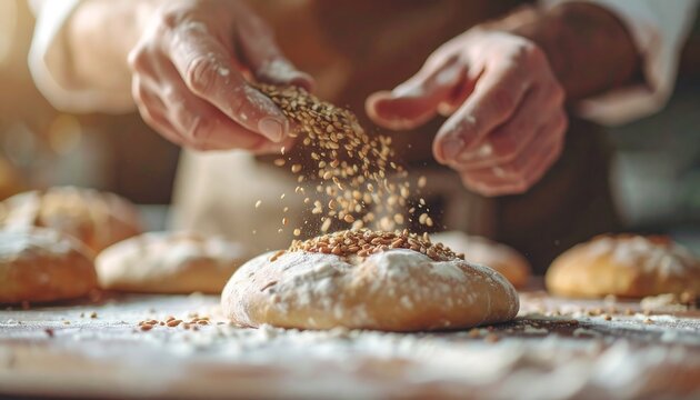 Baker's Hands Sprinkling Seeds on Freshly Baked Artisan Bread - Powered by Adobe