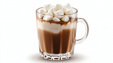 A clear glass mug filled with a hot chocolate beverage topped with a layer of white marshmallows and a drizzle of chocolate sauce