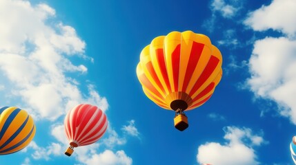 Fototapeta premium Hot air balloons with colorful patterns float in a vibrant blue sky dotted with fluffy white clouds.