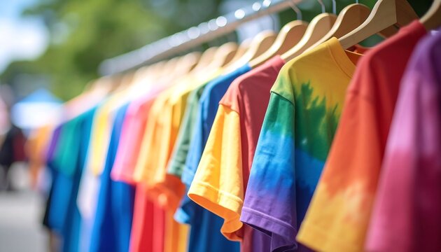 Vibrant Rainbow Tie Dye T Shirts Hanging on Wooden Hangers at an Outdoor Market
