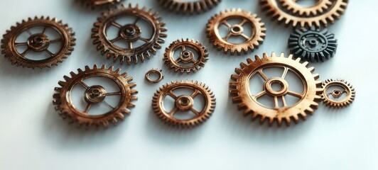 Various interlocking bronze and black metal gears of different sizes arranged on a light surface symbolizing mechanics and engineering concepts