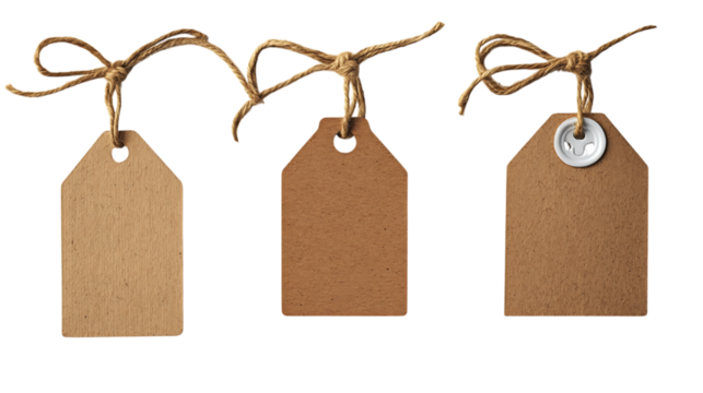 Three blank cardboard tags with jute string ties isolated against a transparent background, one tag features a white reinforcement ring