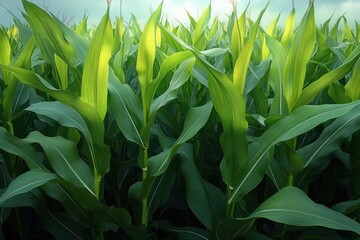 Obraz premium lush green cornfield with tall healthy leaves illuminated by sunlight under a clear sky