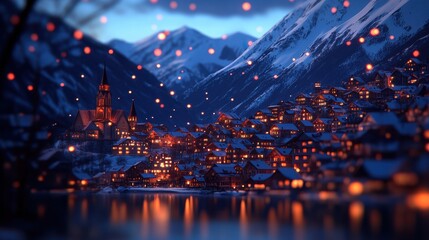 Fototapeta premium A picturesque snowy village nestled in the mountains, illuminated by warm lights, with festive bokeh effects in the foreground.