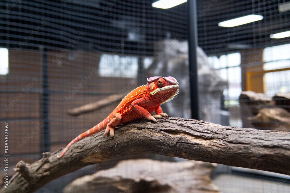 Poster chameleon displays vibrant color change while resting on a branch in a natural habitat enclosure