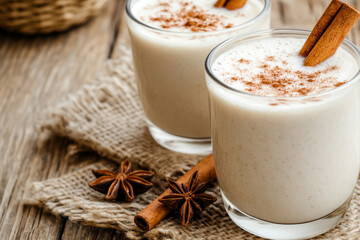 Warm chai latte topped with cinnamon stick and star anise on a rustic wooden table
