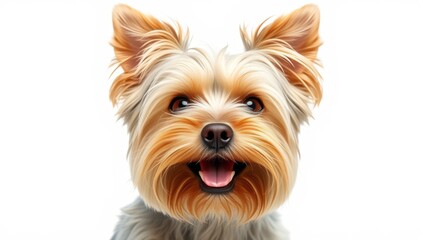 Fototapeta premium Happy yorkshire terrier dog with fluffy ears and tongue out on white background