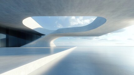 Futuristic white architectural structure with smooth curves and large openings overlooking a calm reflective water surface under a bright sky