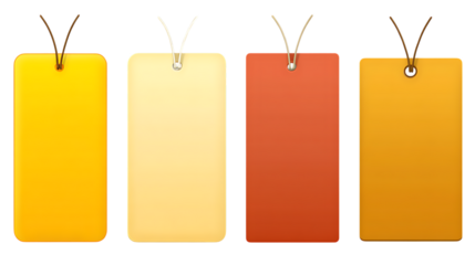Four colorful price tags in shades of yellow and orange hang isolated against a transparent background, each with a string or cord.