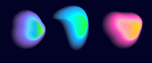Set color neon irregular blob gradient, blend gradation. Abstract colorful blur shapes on dark blue background. Abstract y2k pop design elements Aura concept with glow effect Vector illustration.