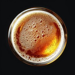 Top-down view of a glass filled with golden amber beer with a frothy head of bubbles against a dark background