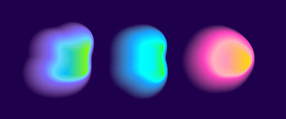 Set color neon irregular blob gradient, blend gradation. Abstract colorful blur shapes on dark violet background. Abstract y2k pop design elements Aura concept with glow effect Vector illustration.