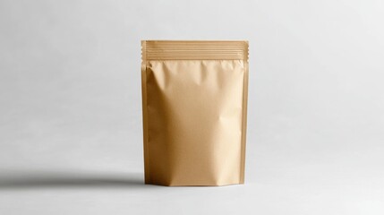 Plain brown kraft paper packaging pouch with resealable top isolated on white background suitable for food or product storage and delivery