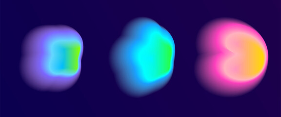 Set color neon irregular blob gradient, blend gradation. Abstract colorful blur shapes on dark violet background. Abstract y2k pop design elements Aura concept with glow effect Vector illustration.