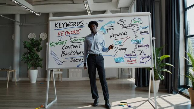 Expert shares strategies on effective keyword usage for content development in a bright office setting