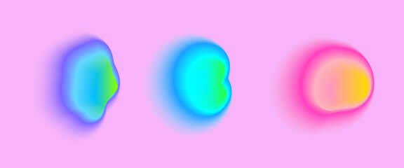 Set color neon irregular blob gradient, blend gradation. Abstract colorful blur shapes on light pink background. Abstract y2k pop design elements Aura concept with glow effect Vector illustration.