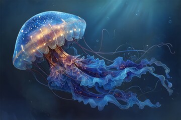 Glowing jellyfish in dark ocean depths