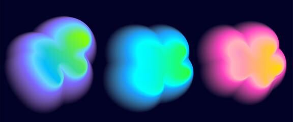 Set color neon irregular blob gradient, blend gradation. Abstract colorful blur shapes on dark blue background. Abstract y2k pop design elements Aura concept with glow effect Vector illustration.