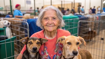 Elderly woman smiling with two dogs in an animal shelter, surrounded by cages and other animals.