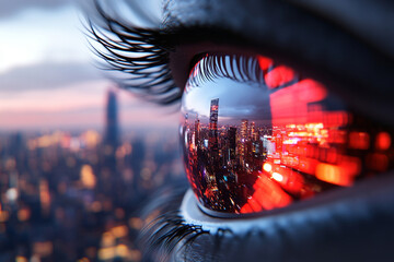 Close-up view of an artificial eye scanning city data amid a vivid urban landscape at dusk