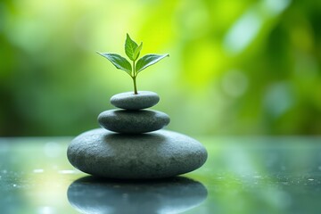 Stone harmony Green sprout atop stacked stones