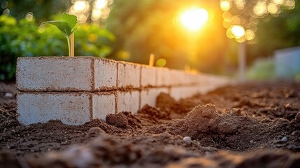 Close-up of a small green plant sprouting from soil beside a row of rectangular white bricks with the warm sun shining in the background