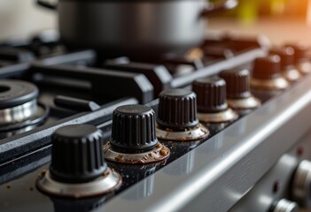 Close-up of greasy stovetop knobs in a modern kitchen setting  