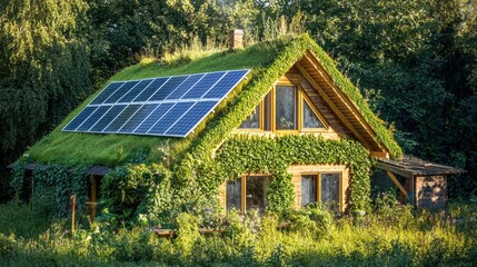 Obraz premium Eco friendly green roof house with solar panels on a rural landscape surrounded by trees and lush grass, sustainable energy home with natural architecture