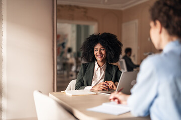 Professional Meeting Between Businesswomen in Modern Office Setting