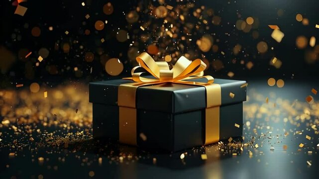 Black gift box with gold ribbon bow surrounded by falling confetti sparkling glitter celebration holiday festive concept luxury elegant present packaging special occasion gifting moment surprise bonus