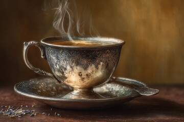 Steaming drink in ornate silver cup