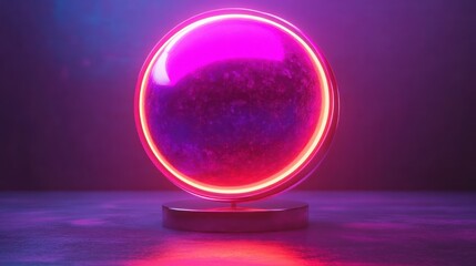 Glowing purple and pink illuminated spherical object on a round metallic base against a dark background emitting a vibrant futuristic ambiance