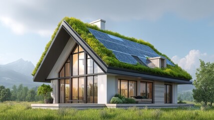Modern eco-friendly house with large glass and green roof covered with solar panels and lush vegetation, set in a countryside landscape with mountains