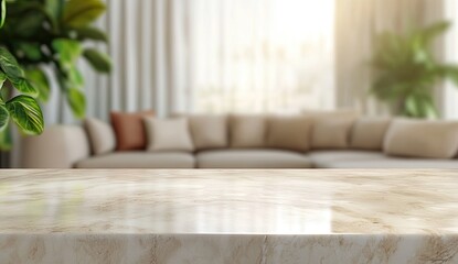 Empty marble table in a modern living room