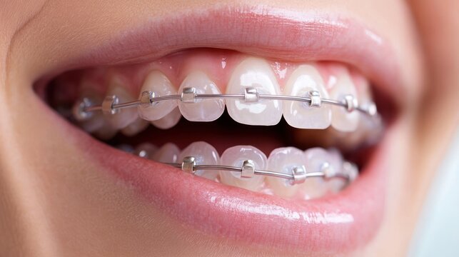 Close up to dental braces. Brackets on the teeth after whitening. Self-ligating brackets with metal ties and gray elastics or rubber bands.