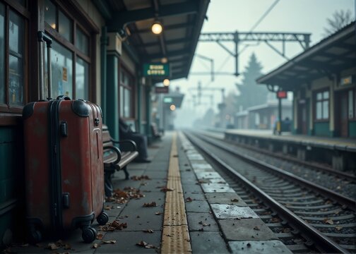 An abandoned suitcase symbolizing lost hopes on a foggy empty train platform
