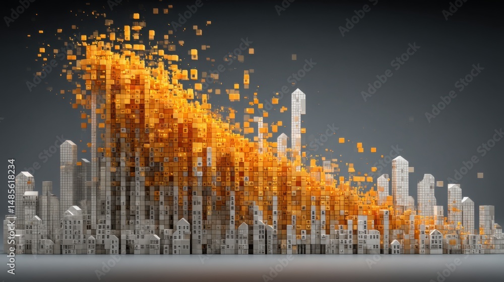 Poster an urban cityscape filled with vibrant orange blocks creating a unique and colorful architectural de