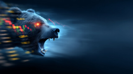 Bear Market Momentum: A dynamic illustration of a ferocious bear head symbolizing market downturn and economic risk.
